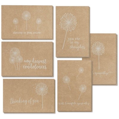36 Pack Best Paper Greetings Kraft Sympathy Cards with Envelopes, 6 Floral Designs 4x6 In