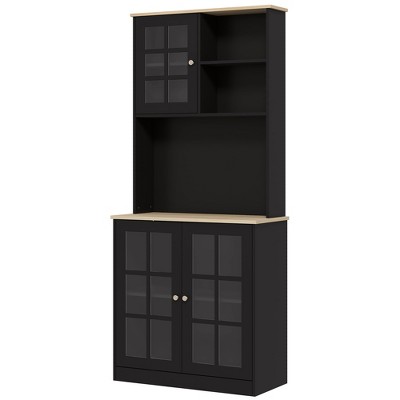 Sleek Modern Black Kitchen Buffet with Glass Door Hutch