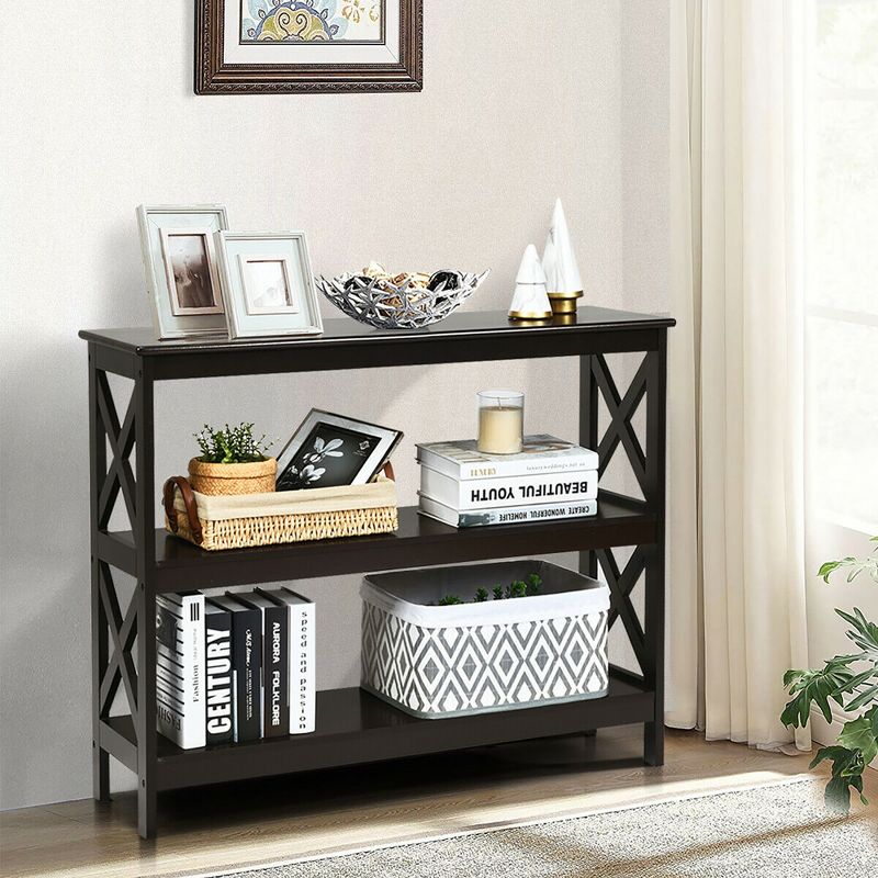 Costway 3-Tier Console Table x-Design Bookshelf Sofa Side Accent Table w/Shelf Espresso\Black, 2 of 11