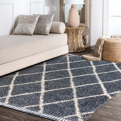 Denim Blue/Cream Moroccan Geometric Shag Area Rug, 5x8 Feet