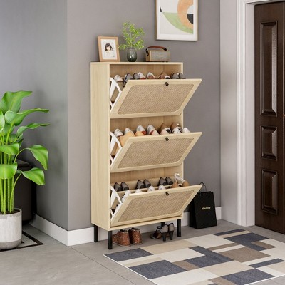 23.63"Natural Rattan 3 Door Shoe Rack, Freestanding Modern Shoe Storage Cabinet, for Entryway,Natural
