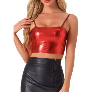 Allegra K Women's Spaghetti Strap Sleeveless Festival Party Clubwear Sparkly Shiny Metallic Crop Cami Top - 1 of 4