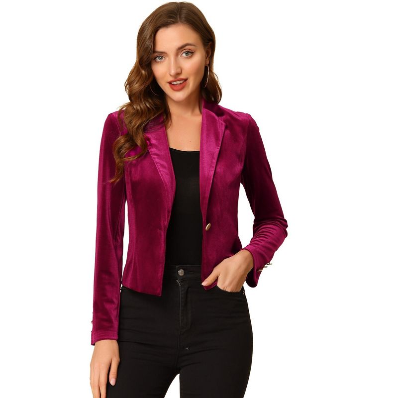 Allegra K Women's 1 Button Lapel Collar Business Office Crop Suit Velvet Blazer, 1 of 7