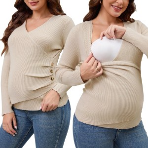 INSPIRE CHIC Womens Maternity Sweater Nursing Wrap Long Sleeve Tops Crossover Button Stretch Ruched Breastfeeding Blouses - 1 of 4