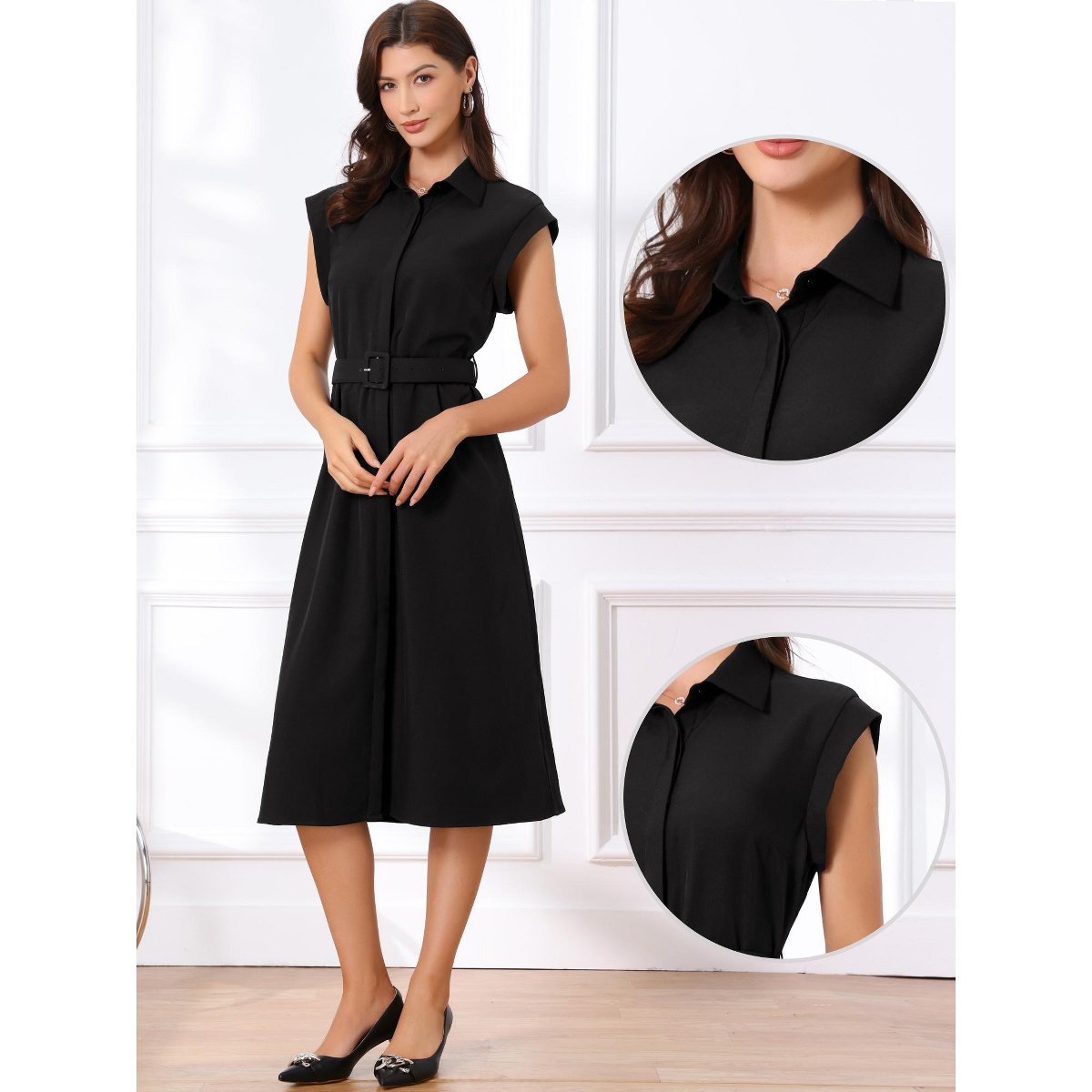 Женские платья INSPIRE CHIC Women's Sleeveless Collared Button Down Belted Waist Midi Work Dress Medium Black — фото 2