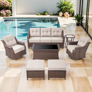 Buenhomino Patio Furniture 7 Pieces Outdoor Furniture Set Wicker Outdoor Sectional Sofa with Swivel Rocking Chairs,Patio Ottomans,Outdoor Coffee Table - 1 of 4