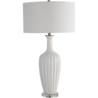 Uttermost Traditional Table Lamp 31 1/2" Tall Gloss White Glaze Ceramic Linen Fabric Drum Shade for Living Room Bedroom House Home