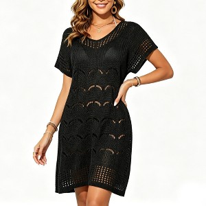 Women's Summer Hollow Out Crochet Knit Beach Cover-Up Short Dress V-Neck Swim Slit Casual Midi Dress Black XL