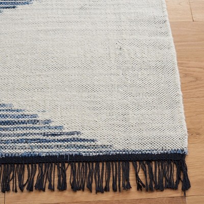 Ivory and Blue Wool Cotton Flat Woven Runner Rug