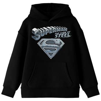 Superman Man Of Steel Chrome Logo Long Sleeve Black Youth Hooded Sweatshirt