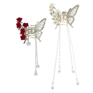 Unique Bargains Women's Flower Butterfly Tassel Hair Clips and Pins Gold Tone 2 Pcs - 1 of 4