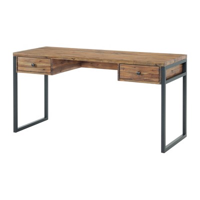 Claremont Rustic Wood and Metal Office Desk, 60 in. W x 23 in. D x 30 in. H, Natural Wood Grain Finish with Two Side Drawers, Ideal for Home Office
