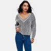 Knit & Lounge Women’s Striped Deep V Sweater Lightweight Ribbed Knit Long Sleeve Slim Fit Contrast Trim - 3 of 4