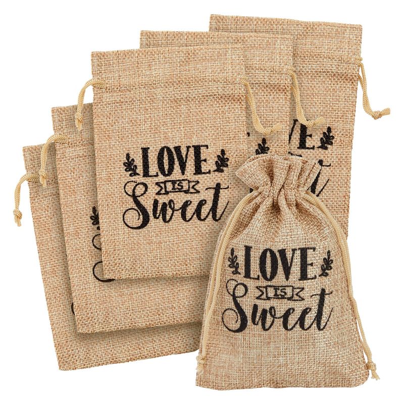 Sparkle and Bash 30 Pack Small Burlap Gift Bags with Drawstring for Wedding Party Favors, Jewelry, Love Is Sweet, 4 x 6 In, 1 of 7