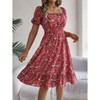 Coolmee Women's Summer Floral Midi Dresses Casual Square Neck Puff Sleeve Flowy Ruffle A Line Beach Dress - 3 of 4