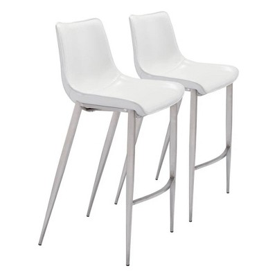 Zuo Modern Magnus Barstool Set of 2, 43" White Faux Leather Seat with Silver Stainless Steel Frame, Modern Style