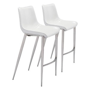 Zuo Modern Magnus Barstool Set of 2, 43" White Faux Leather Seat with Silver Stainless Steel Frame, Modern Style - 1 of 4
