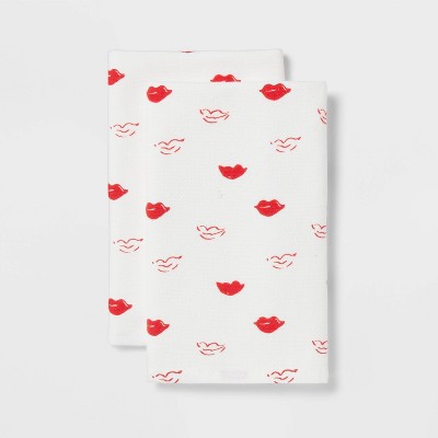 2pk Valentines Day All Over Red Lips Bath Hand Towel Set White - Threshold™