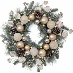 20 inch pre lit wreath for front door with lights holiday decor white gold christmas balls norfolk pine branches home porch window - 1 of 4