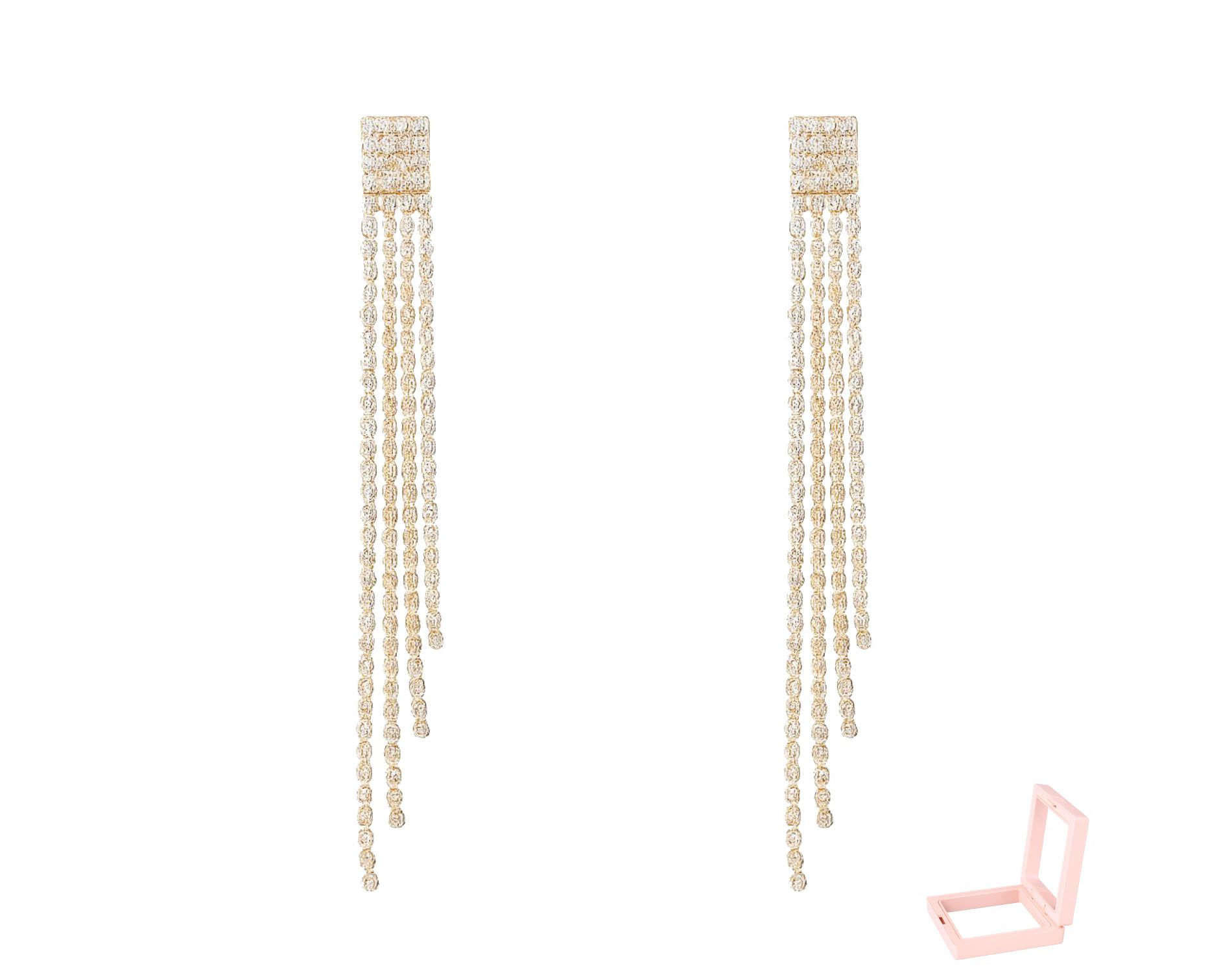 Women’s Gold-Tone Copper Tassel Drop Earrings, Modern Pave CZ Linear Design, Long Fringe Style, Glamorous Jewelry for Formal & Party Occasions