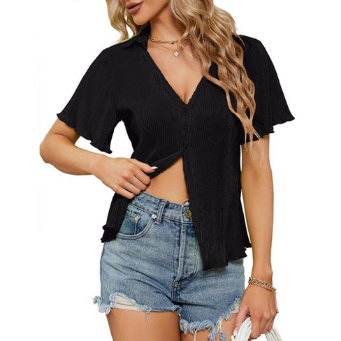 Women's Corduroy Short Sleeve Tops Deep V Neck Shirt Button Front Blouse Short Sleeve Tops Ruffle Blouse for Summer 2024 - image 1 of 4