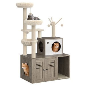 Litter Box Enclosure with Cat Tree Tower & Condo - Hidden Pet Washroom with Sisal Scratching Post, Hammocks, Condo, Multi Platform, Soft Plush Perch - 1 of 4