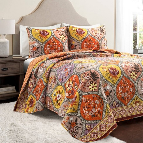 Yellow Flower & Grey Leaves Pattern Reversible Comforter Set