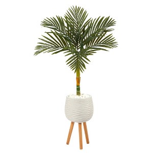 Nearly Natural 4.5-ft Golden Cane Artificial Palm Tree in White Planter with Stand - 1 of 4