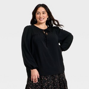 Women's Bishop Long Sleeve Pleated Tie-Front Blouse - Ava & Viv™ - 1 of 3