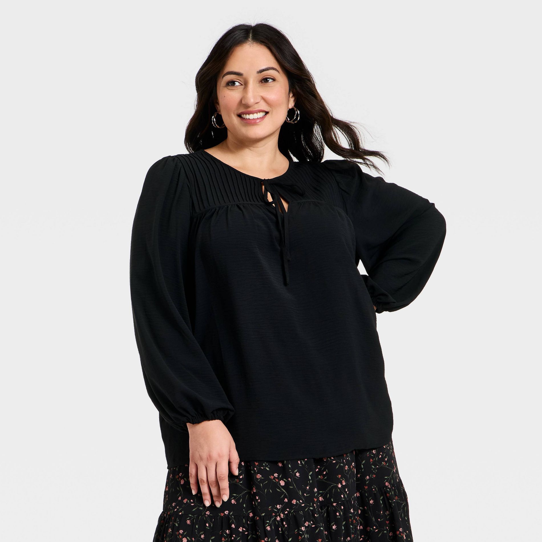 Women's Bishop Long Sleeve Pleated Tie-Front Blouse - Ava & Viv™