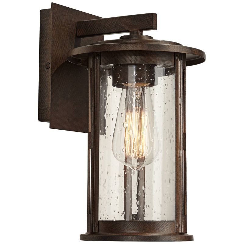 Franklin Iron Works Vintage Industrial Outdoor Wall Light Fixture Bronze Lantern 10 1/2" Seeded Glass Cylinder for Exterior Porch, 1 of 8