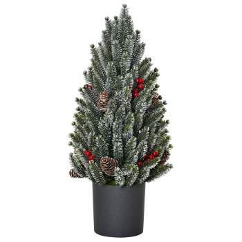 HOMCOM 1.5 FT Tall Unlit Miniature Snow-Flocked Tabletop Artificial Christmas Tree, Holiday Decoration with Pine Cones and Berries