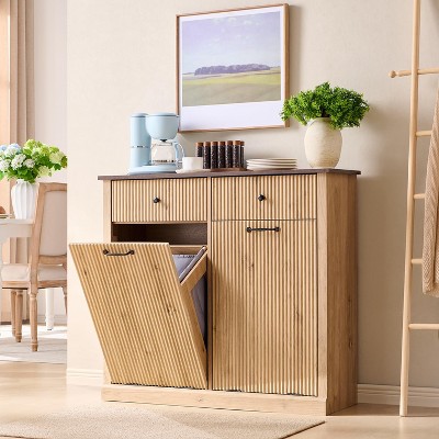 Tilt-Out Trash Cabinet, Hidden Trash Can with 20 Gallon Storage, Wooden Hidden Garbage Can Cabinet with 2 Drawers for Kitchen & Living Room