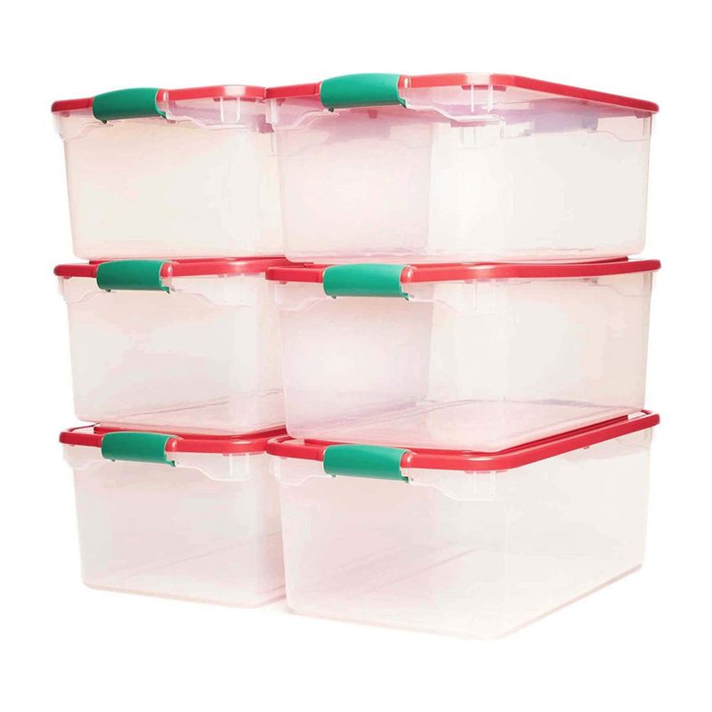 Homz 64-Quart Holiday Clear Stackable Organizer Plastic Storage Bin Container with Red Tight Latching Lid and Green Handles, Multicolor (6 Pack), 1 of 8