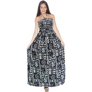 LA LEELA Women's House Daily Routine Evening Wear A line Maxi Smocked Top Slit Dress Long Strapless Tube Dresses for Women One Size Black, Floral - 1 of 4