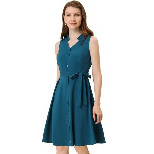 INSPIRE CHIC Women's V-neck Sleeveless Belted Shirtdress Button Down Dress - 1 of 4