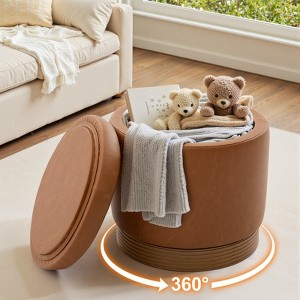 Bekrvio Swivel Storage Ottoman,Acacia Wood Wood Frame, Leather Upholstered Round Footstool, Hidden Storage Pouf for Living Room - 1 of 4