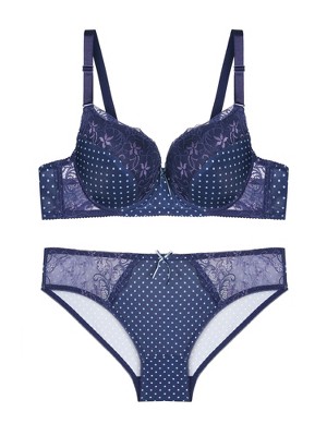 Maidenform Comfort Devotion Navy Blue White Polka Dot Lace Trim