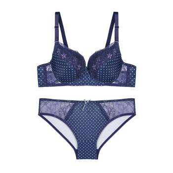 Agnes Orinda Women's Plus Size Underwire Lace Push-up Adjustable Straps Bra  And Panty Set Blue 44e : Target