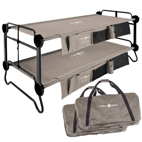 Disc-O-Bed X Large Cam-O-Bunk 2 Person Bench Bunked Double Bunk Bed Cot  with 2 Side Organizer and Carrying Bags for Camping Trips, Tan