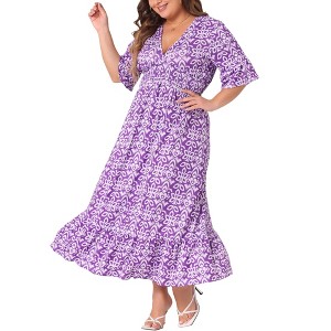 Agnes Orinda Women's Plus Size Boho Floral Bell Sleeve Ruffled Hem Deep V Neck A Line Maxi Dresses - 1 of 4