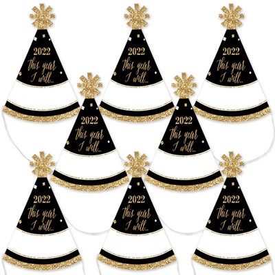 Big Dot of Happiness New Year's Eve - Gold - Mini Cone 2022 New Years Eve Resolution Party Hats - Small Little Party Hats - Set of 8