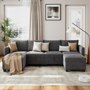 Modular U-Shaped Sectional Sofa - 4-seat couch with 2 ottomans, under-seat storage & chenille upholstery for living room. - 1 of 4