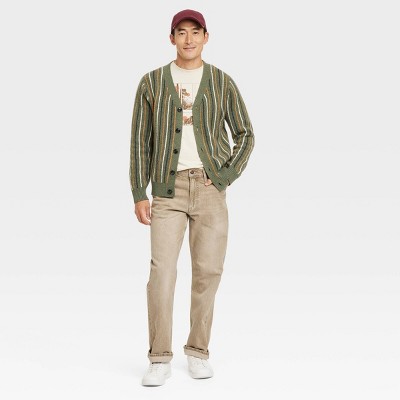 Men's Striped V-Neck Cardigan Sweater - Goodfellow & Co Dark Olive Green - Picture 3 of 4