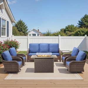 Buenhomino Patio Furniture with Fire Pit, Wicker Outdoor Couch and Swivel Rocking Chairs, Propane Fire Pit Conversation Set - 1 of 4