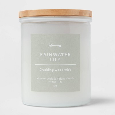 9oz Milky White Glass Woodwick Candle with Wood Lid and Stamped Logo Rainwater Lily - Threshold™