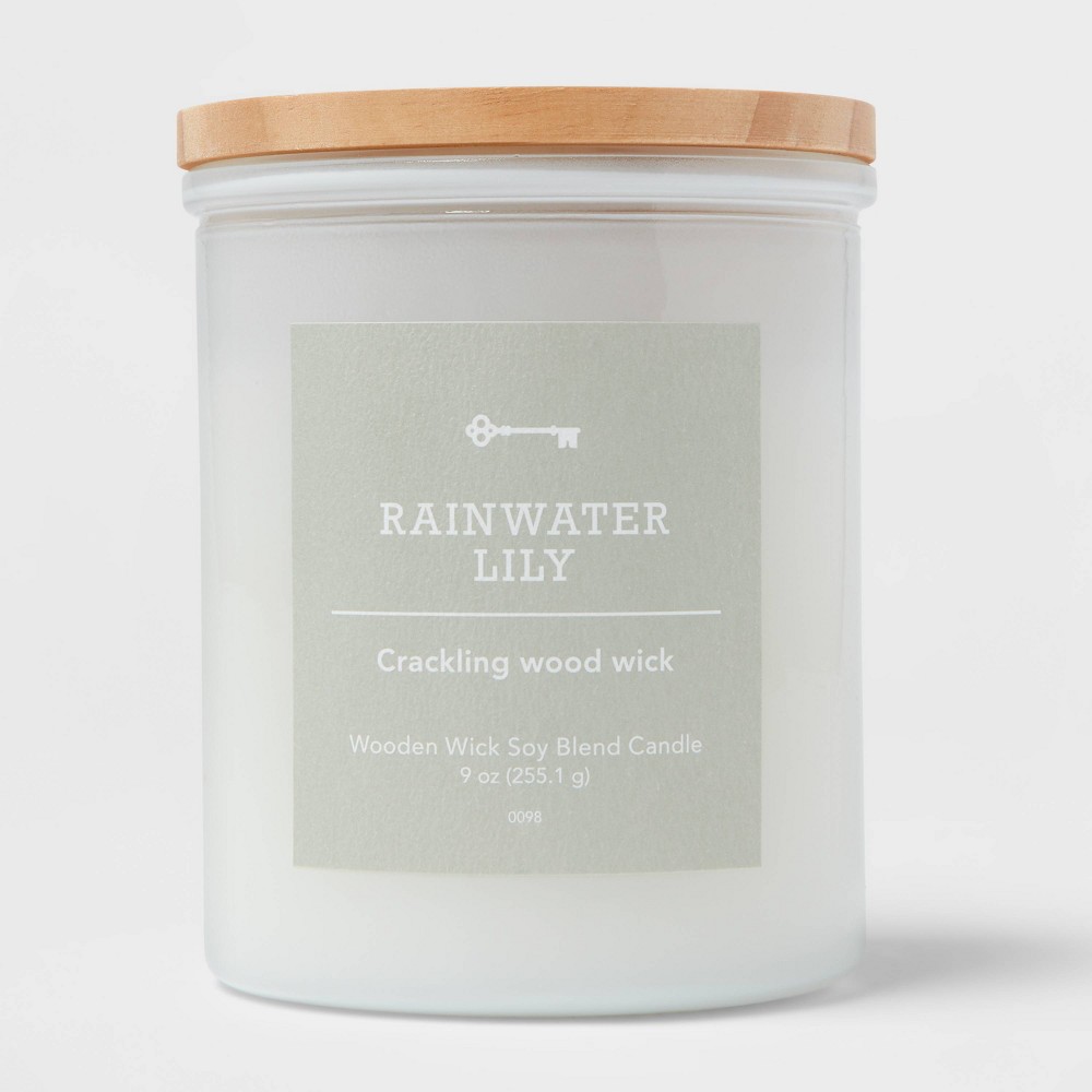 9oz Milky White Glass Woodwick Candle with Wood Lid and Stamped Logo Rainwater Lily - Threshold