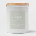 Milky White Glass Woodwick Candle with Wood Lid and Stamped Logo Rainwater Lily - Threshold™