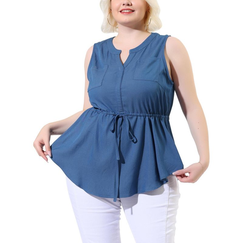 Agnes Orinda Women's Plus Size Shirts Denim V Neck Drawstring Waist Sleeveless Chambray Tops, 1 of 7