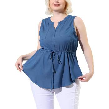 Agnes Orinda Women's Plus Size Shirts Denim V Neck Drawstring Waist Sleeveless Chambray Tops